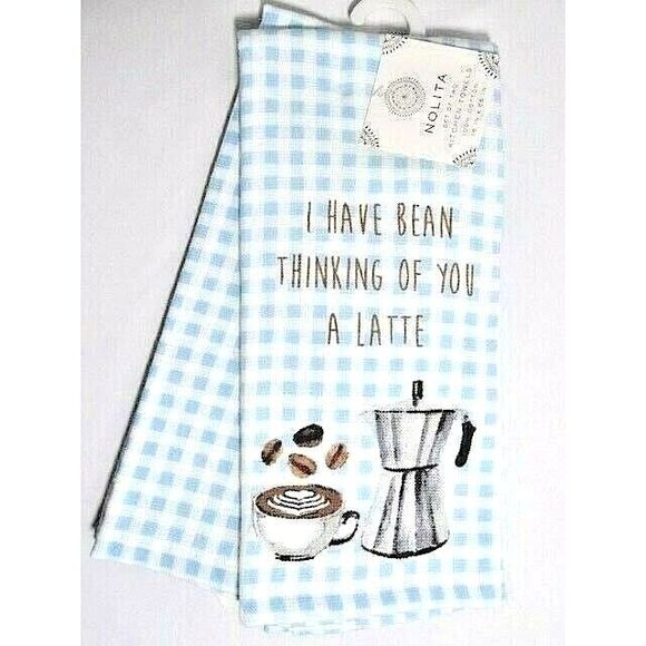 I Have Bean Thinking of You a Latte Kitchen Towels Coffee Blue White Check 2-Pc - Picture 1 of 3